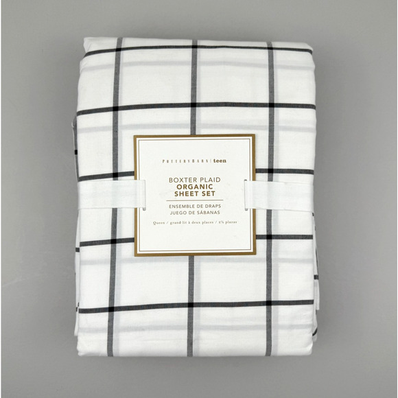 Pottery Barn Teen Sheet Set QUEEN Boxter Plaid Organic Cotton White Onyx NEW - Picture 1 of 5